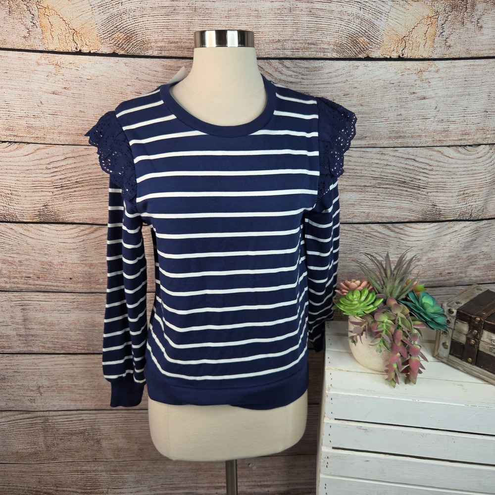 J Crew Womens Striped Eyelet Ruffle Shoulder Sweatshirt Navy‎ White BE275 XS NEW